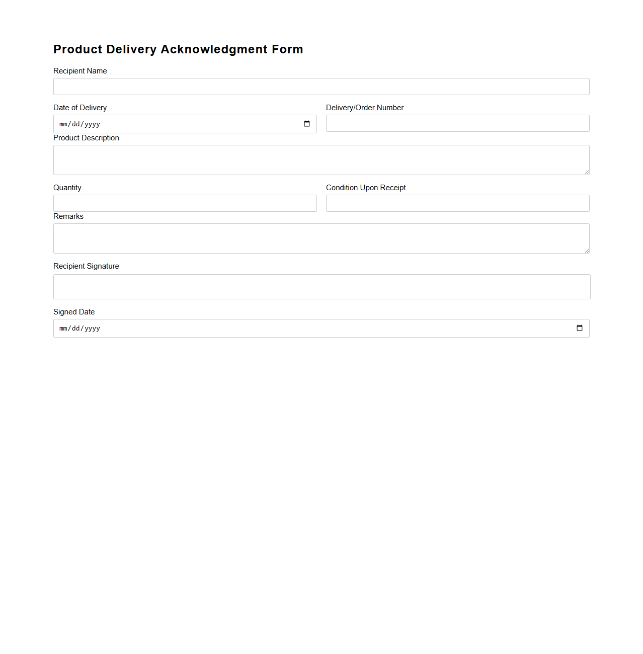 Simple Product Delivery Acknowledgment Form