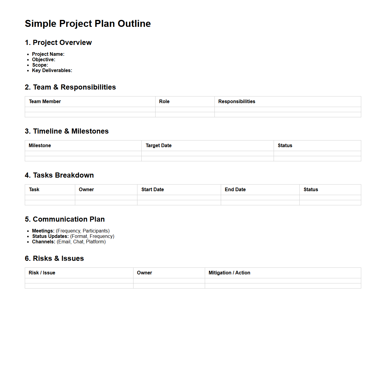 Simple Project Plan Outline for Team Coordination