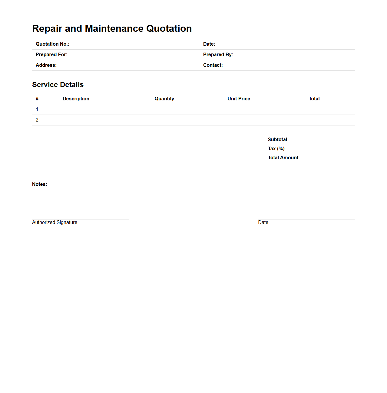 Simple Repair and Maintenance Quotation Format