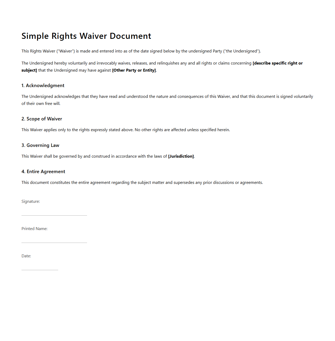 Simple Rights Waiver Document for Legal Agreements
