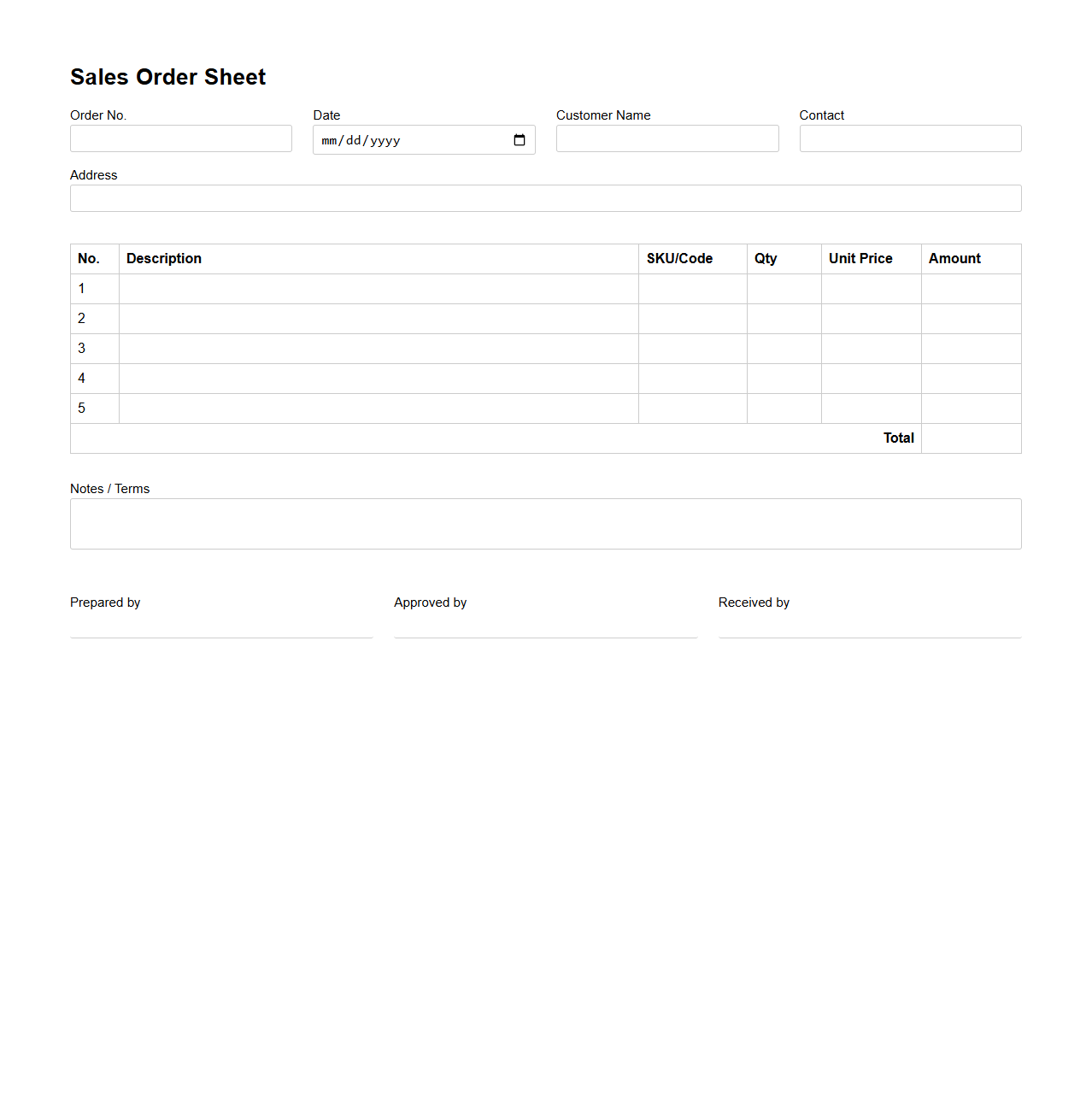 Simple Sales Order Sheet for Merchandise