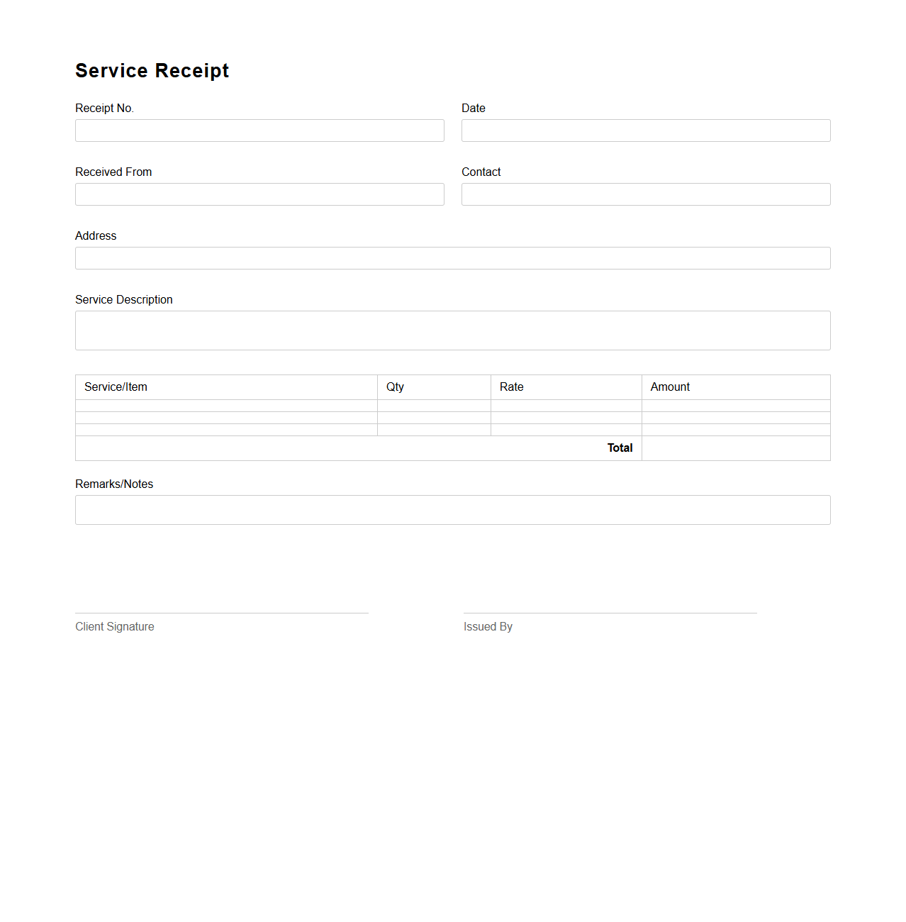 Simple Service Receipt Blank Format