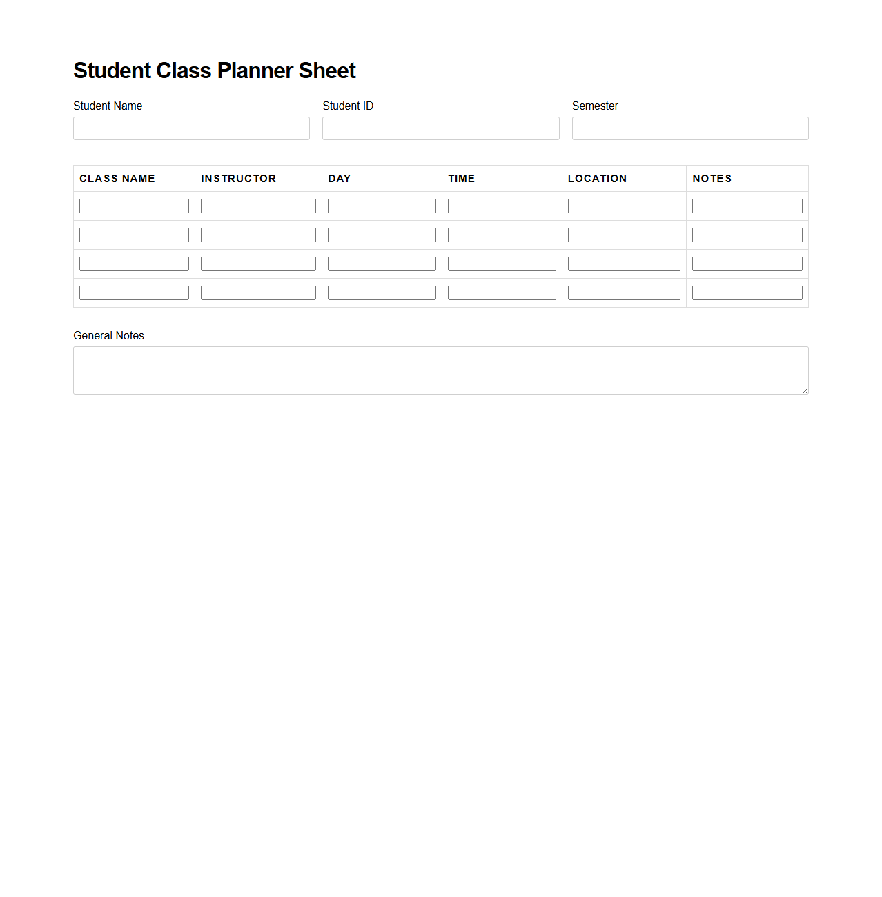 Simple Student Class Planner Sheet
