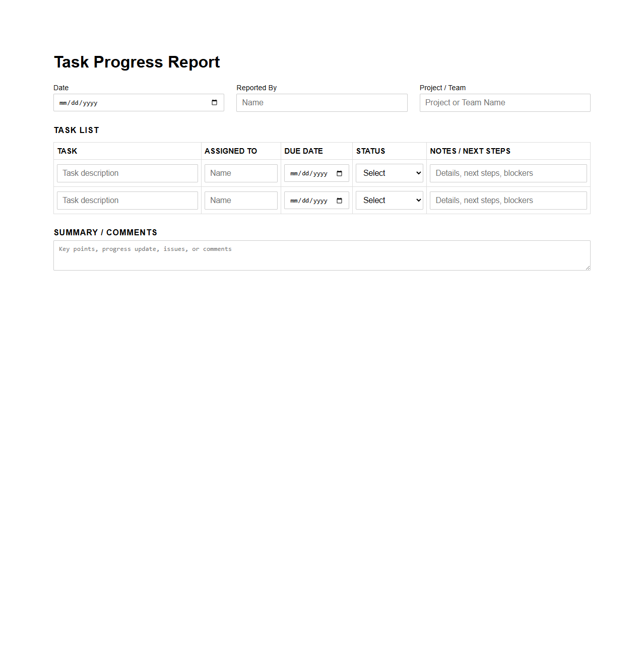 Simple Task Progress Report Template