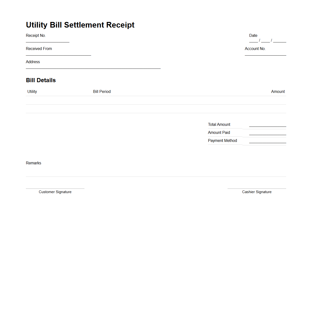 Simple Utility Bill Settlement Receipt