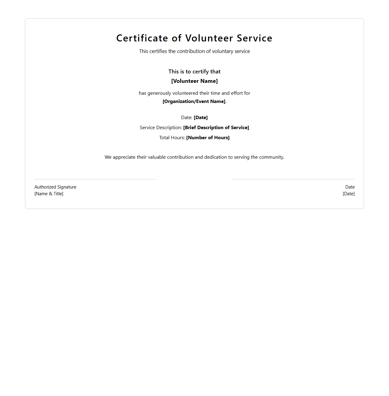 Simple Volunteer Service Certificate Template
