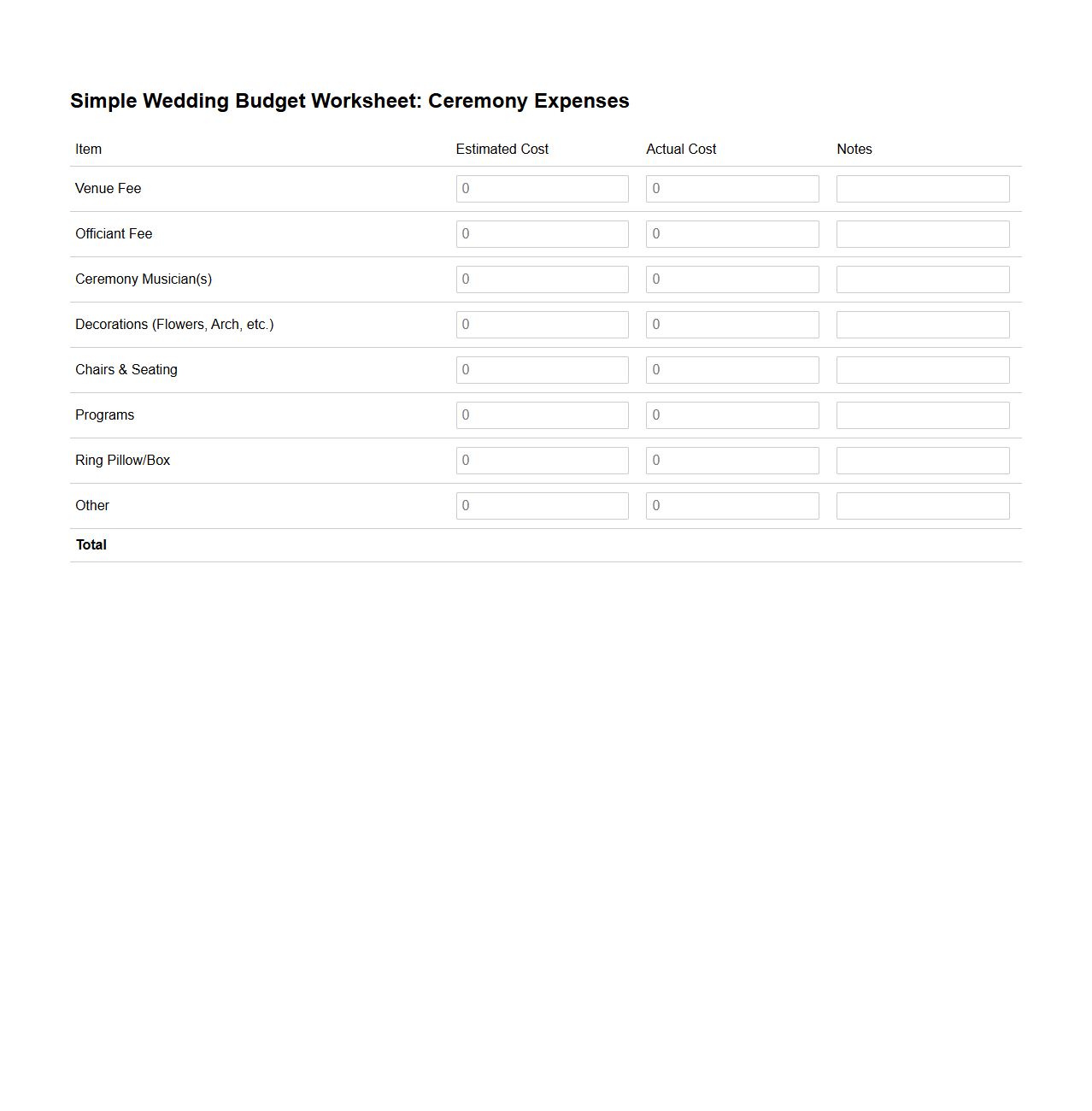 Simple Wedding Budget Worksheet for Ceremony Expenses