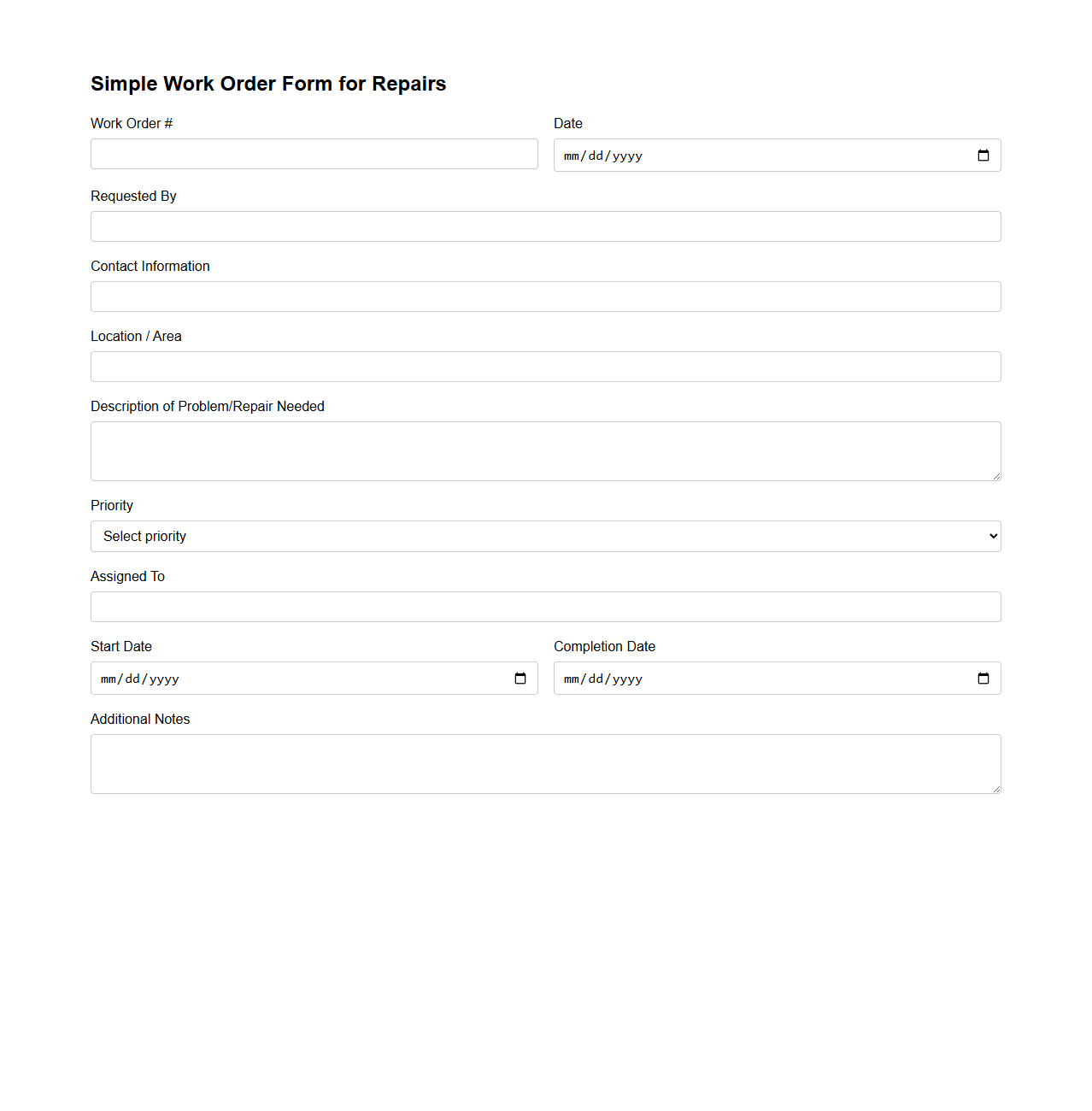 Simple Work Order Form for Repairs