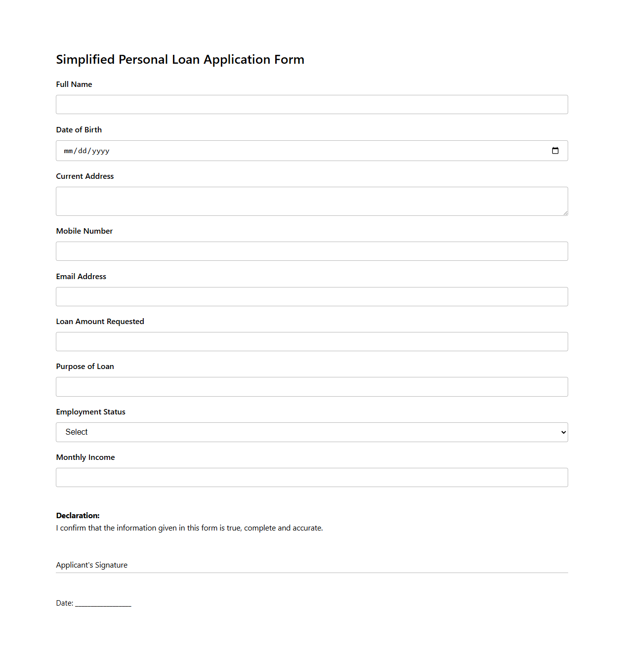Simplified Personal Loan Application Form