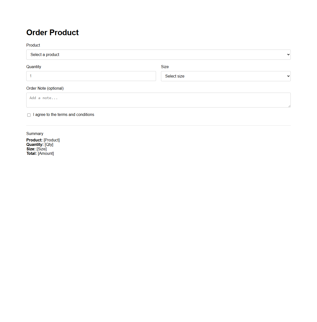 Single Page Product Order Form Design