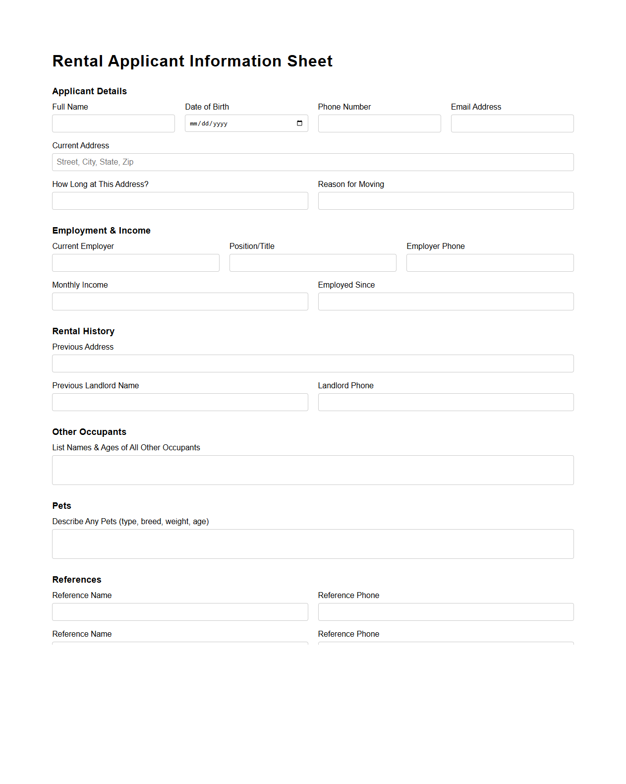 Single Page Rental Applicant Information Sheet