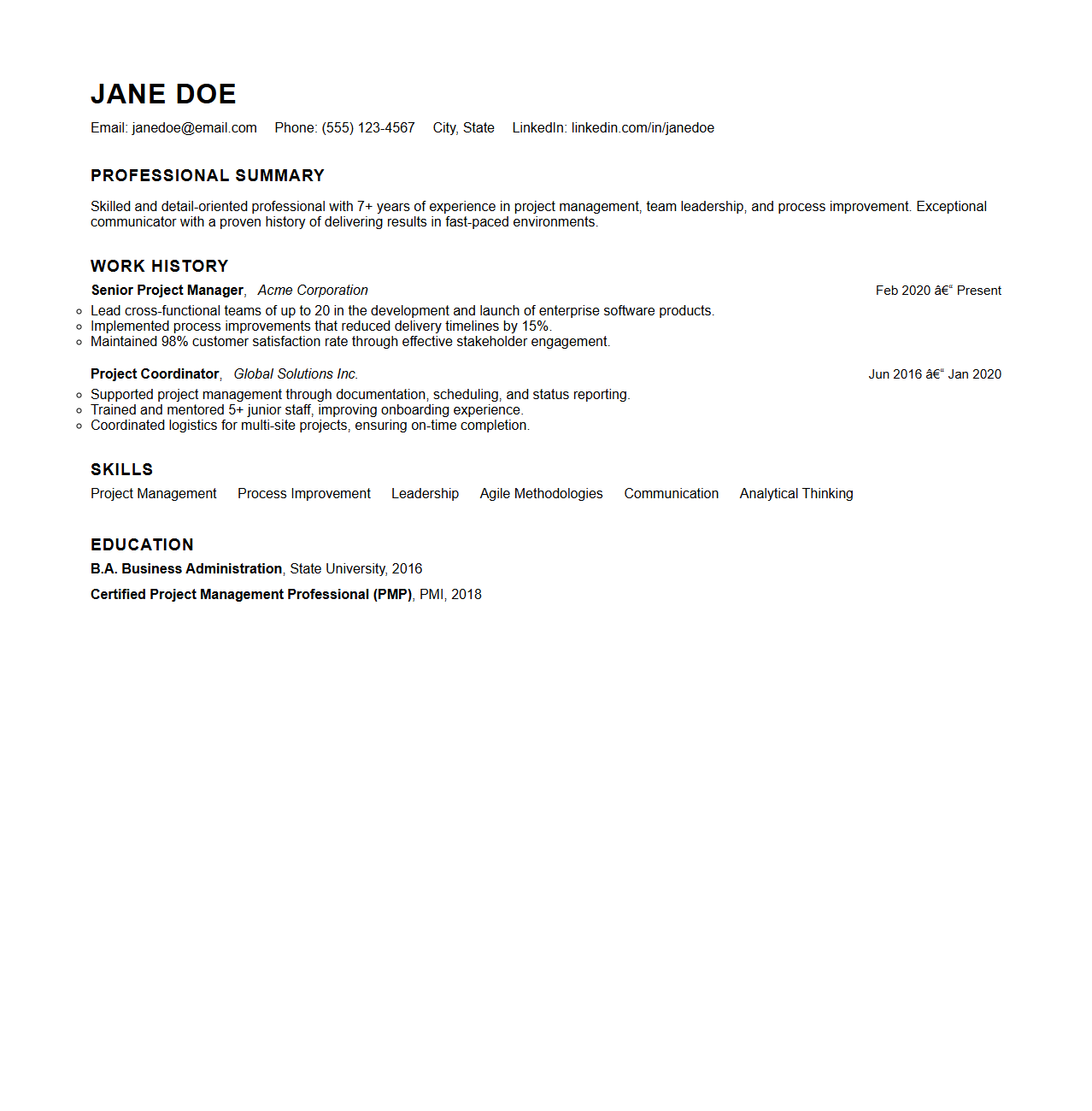 Skilled Professional Work History Resume Sample