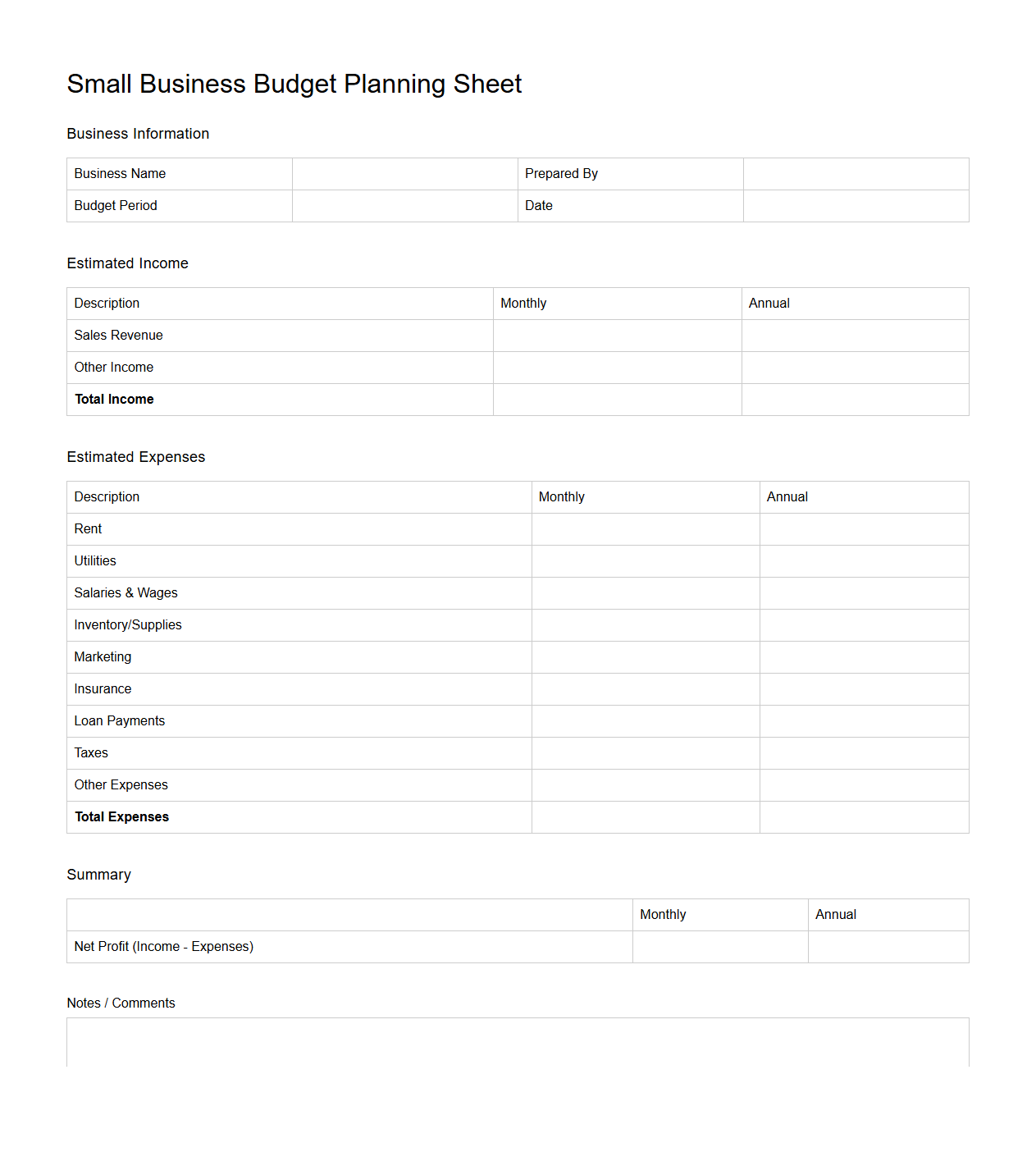 Small Business Budget Planning Sheet
