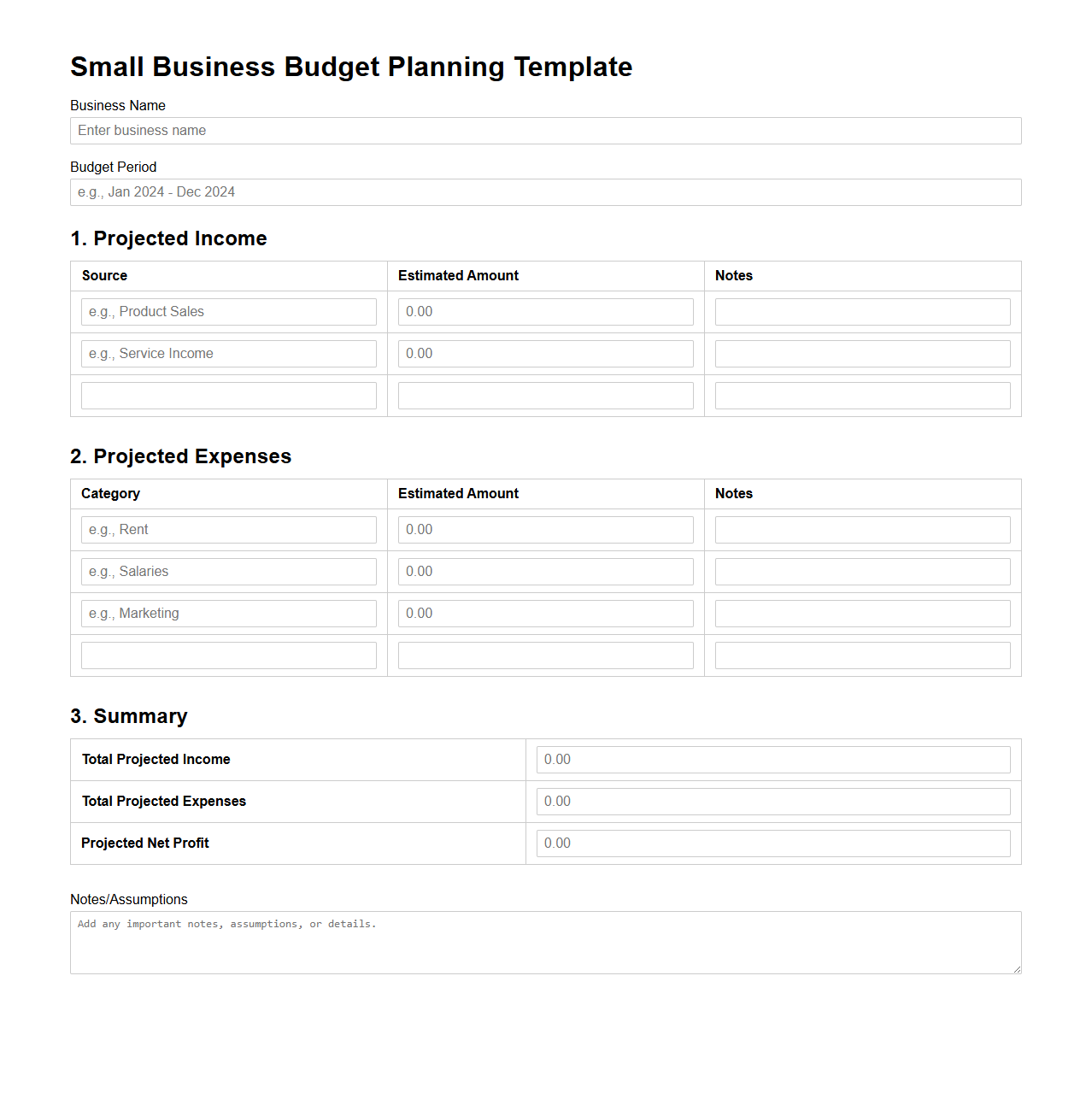 Small Business Budget Planning Template