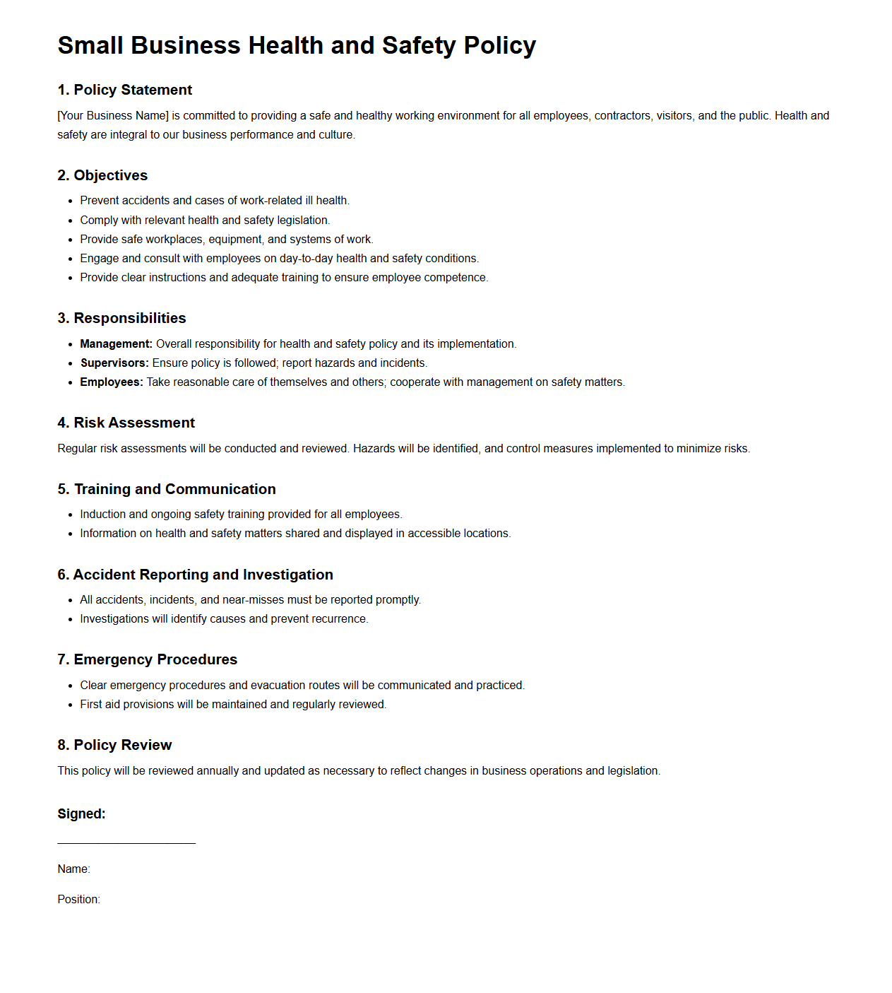 Small Business Health and Safety Policy Structure