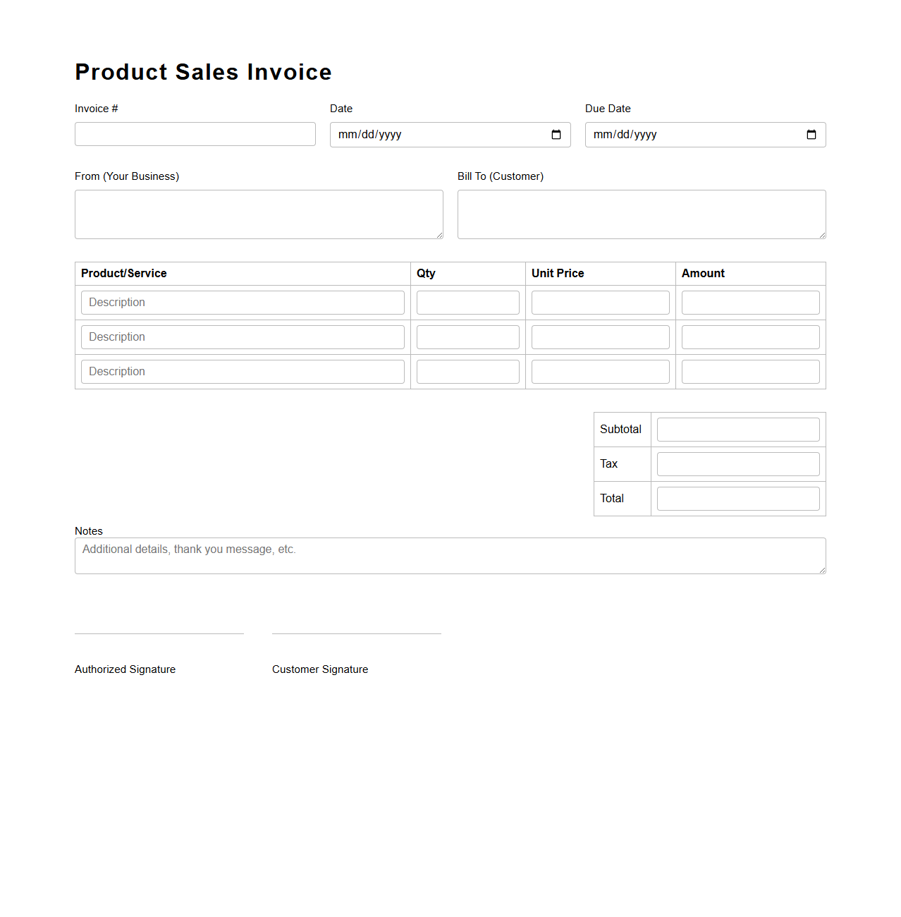 Small Business Product Sales Invoice Form