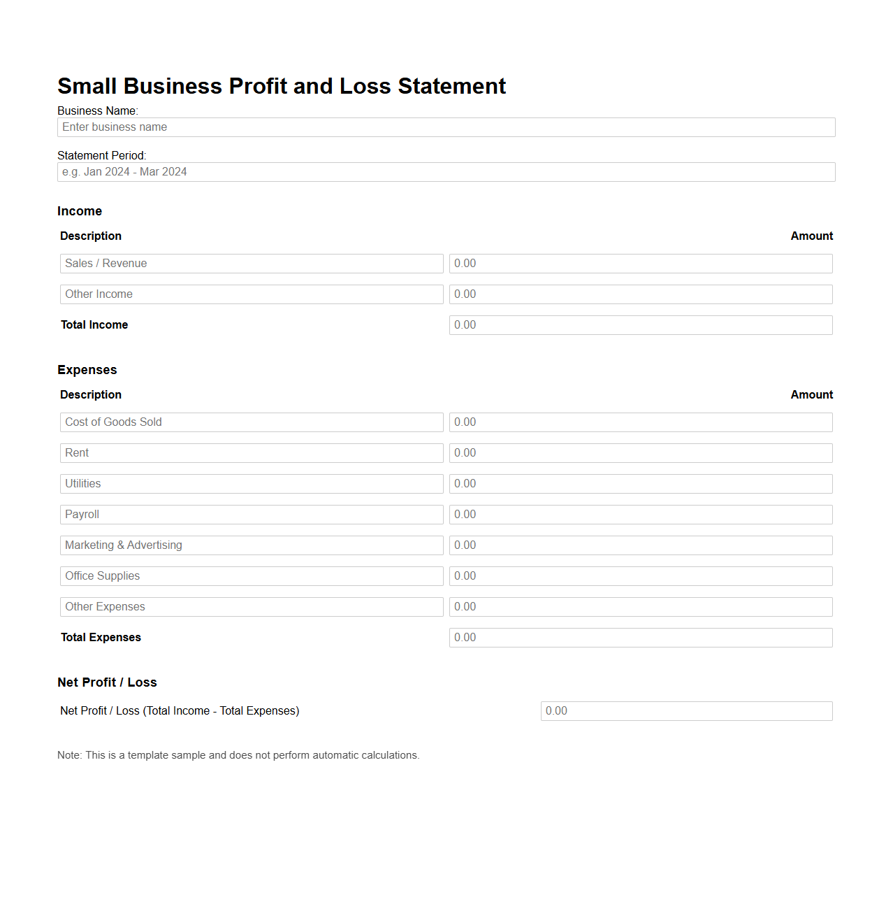Small Business Profit and Loss Statement Template
