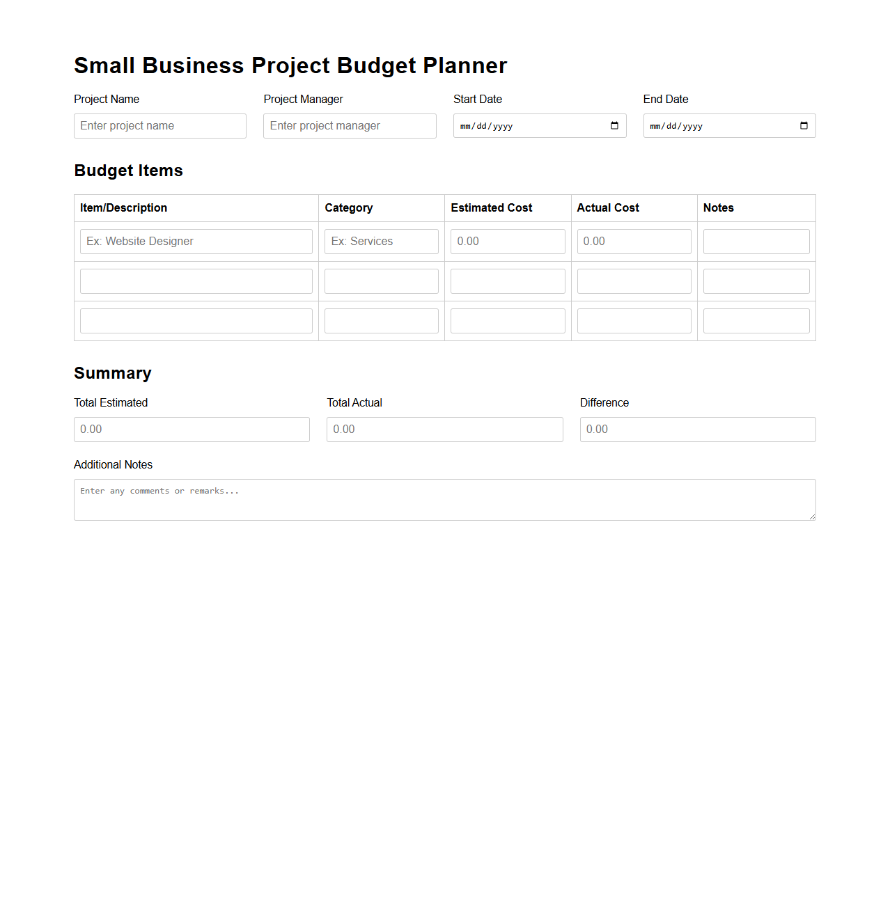 Small Business Project Budget Planner