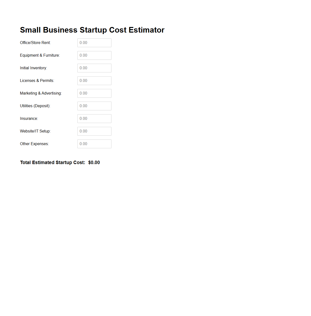 Small Business Startup Cost Estimator