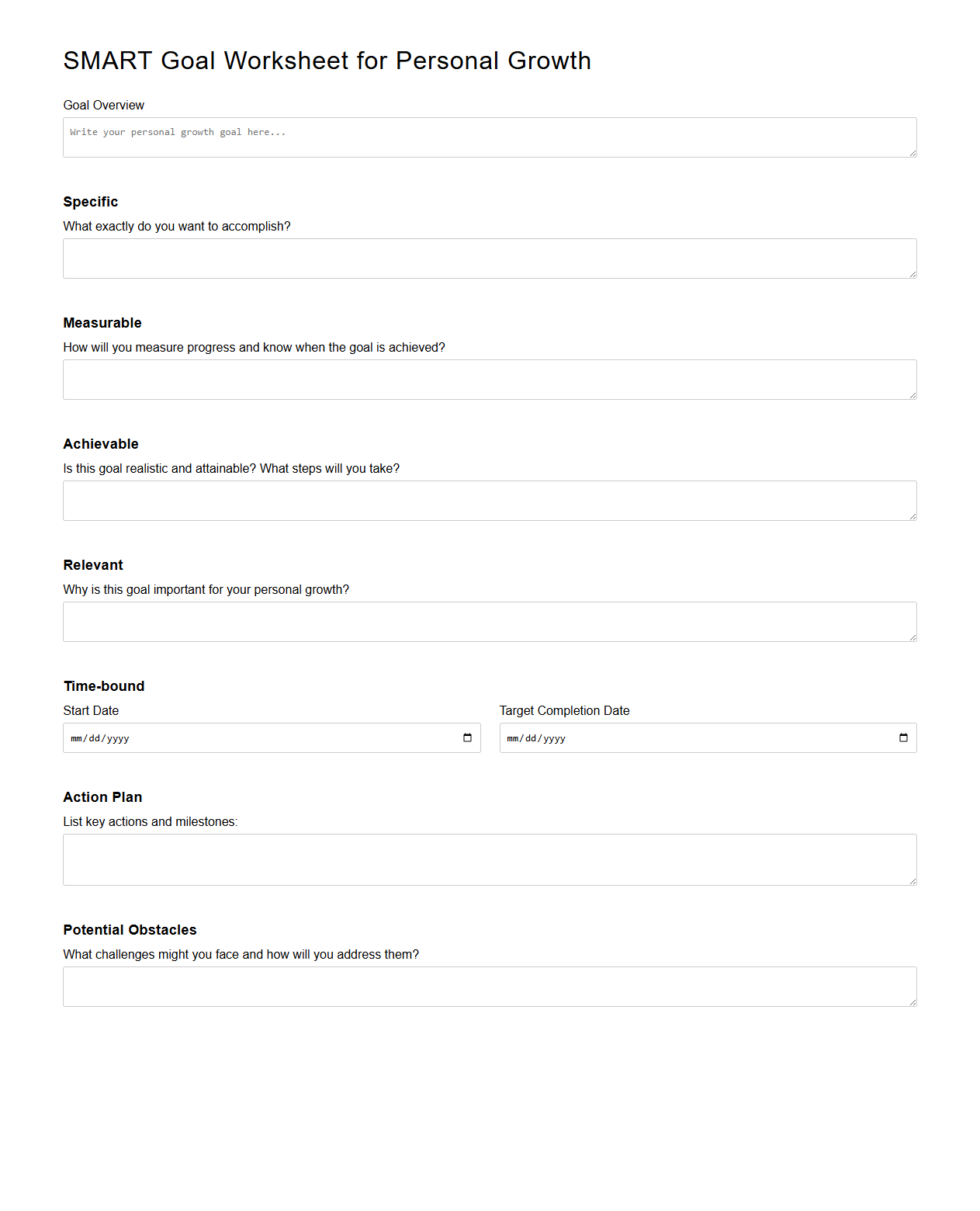 SMART Goal Worksheet for Personal Growth