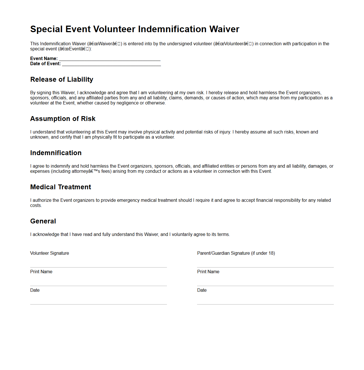 Special Event Volunteer Indemnification Waiver