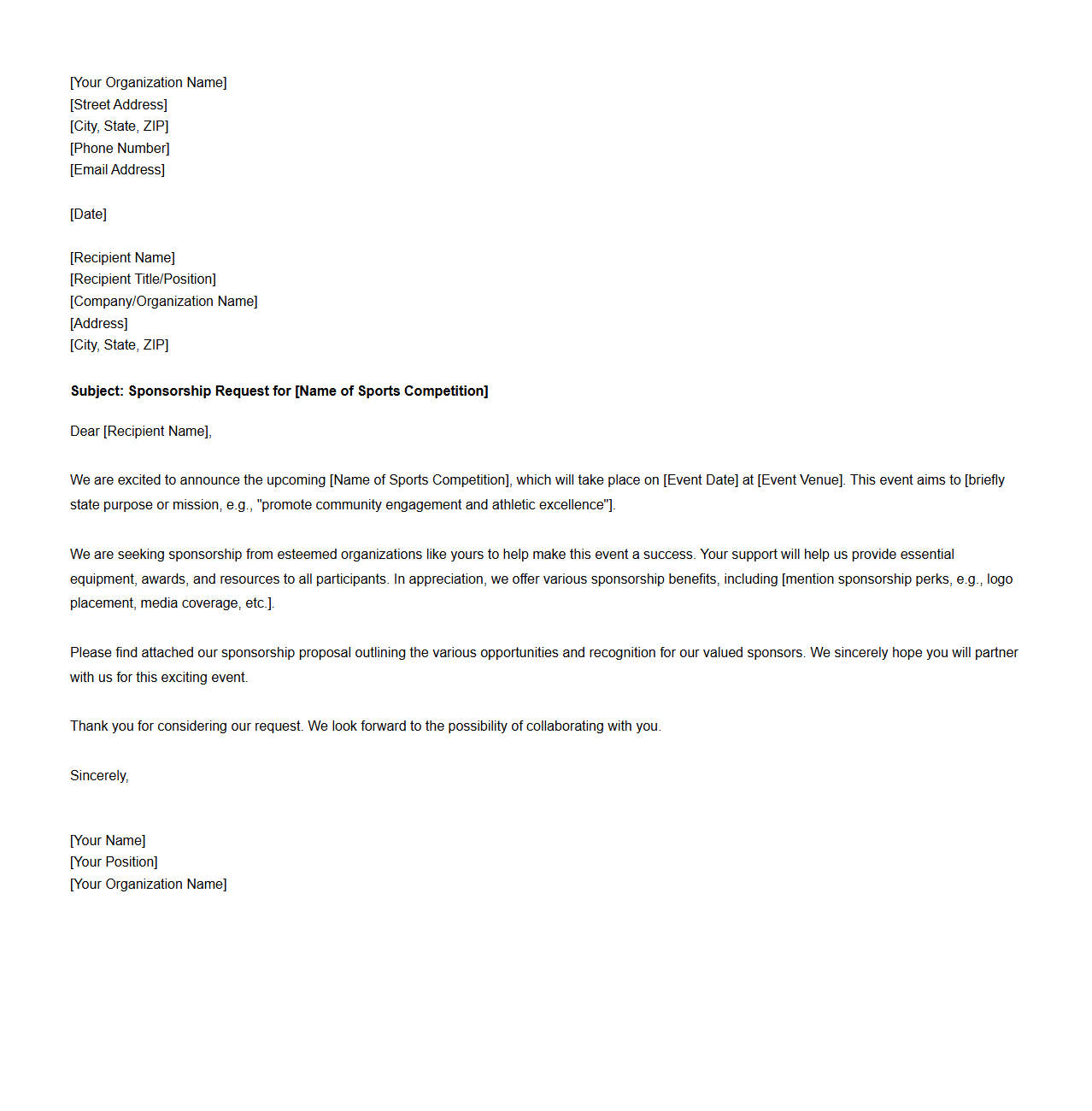 Sports Competition Sponsorship Letter Template
