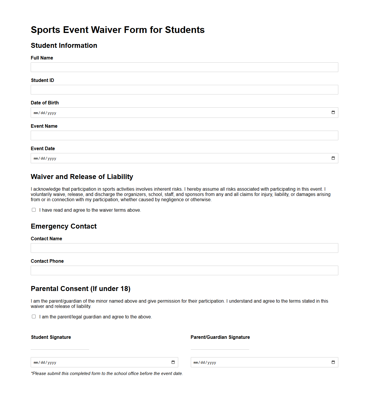 Sports Event Waiver Form for Students