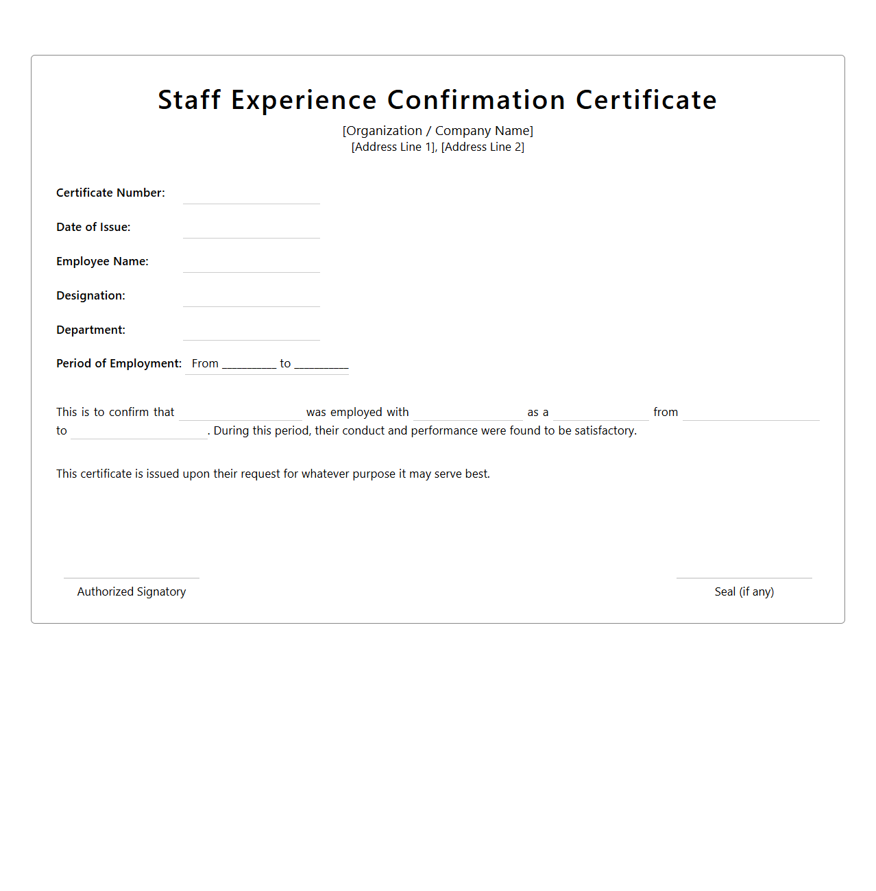 Staff Experience Confirmation Certificate Design