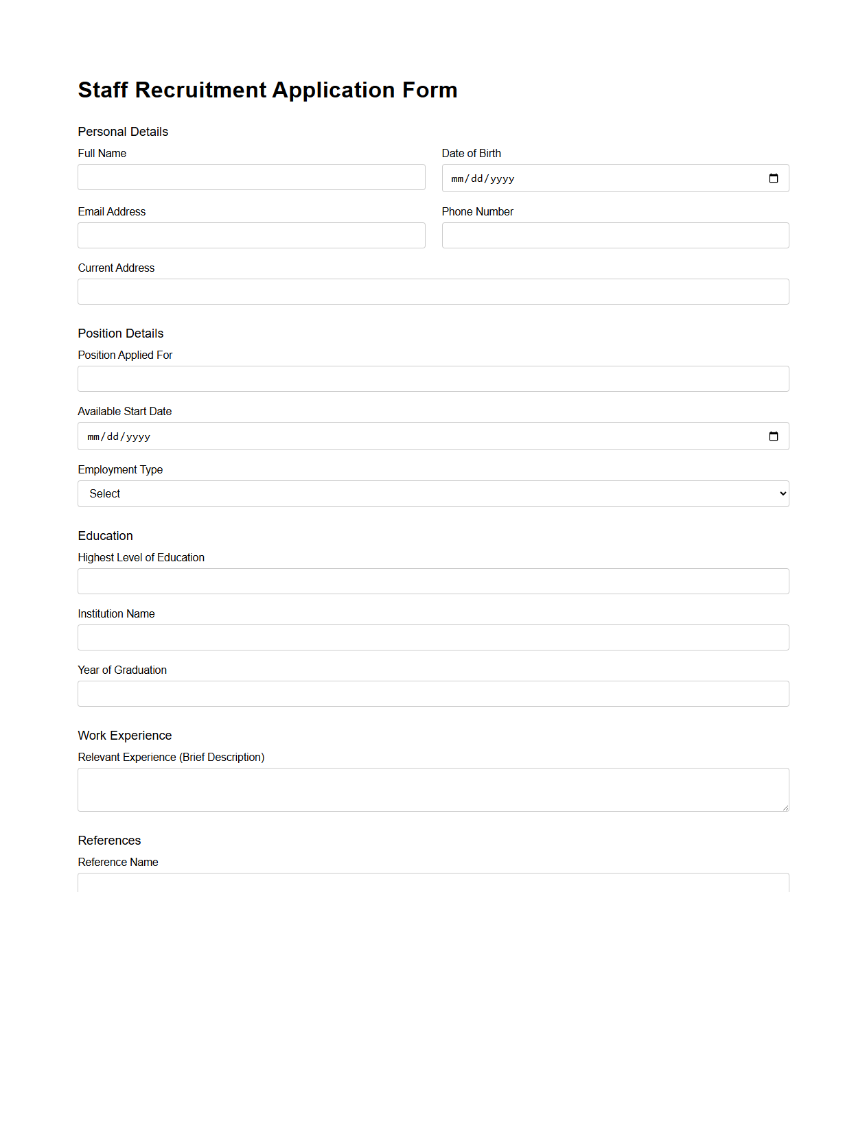 Staff Recruitment Application Form Template