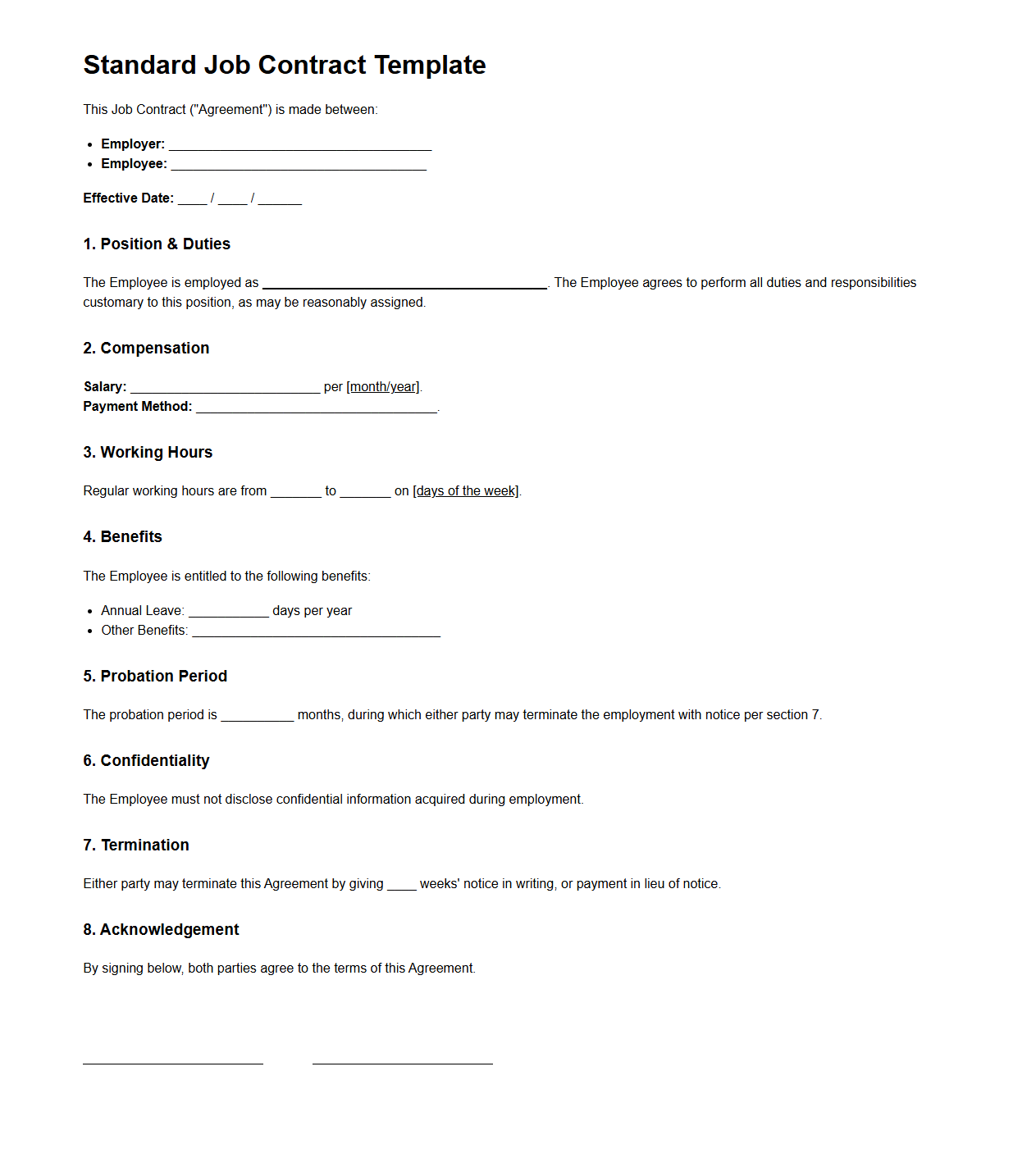 Standard Blank Job Contract Template for Staff Onboarding