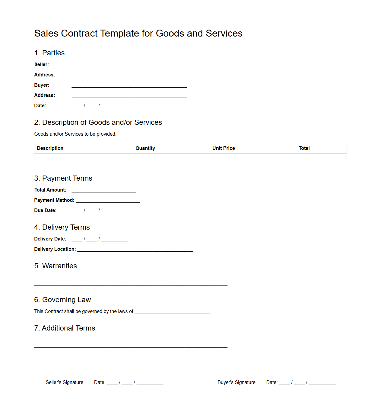 Standard Blank Sales Contract Template for Goods and Services