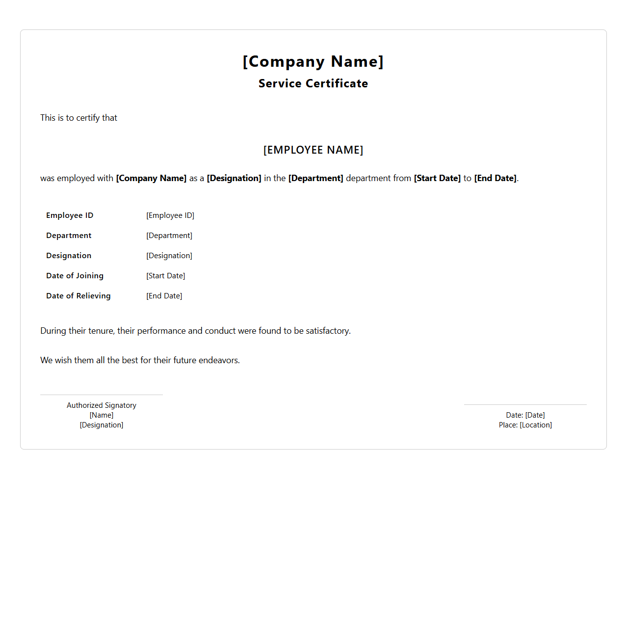 Standard Company Service Certificate Design