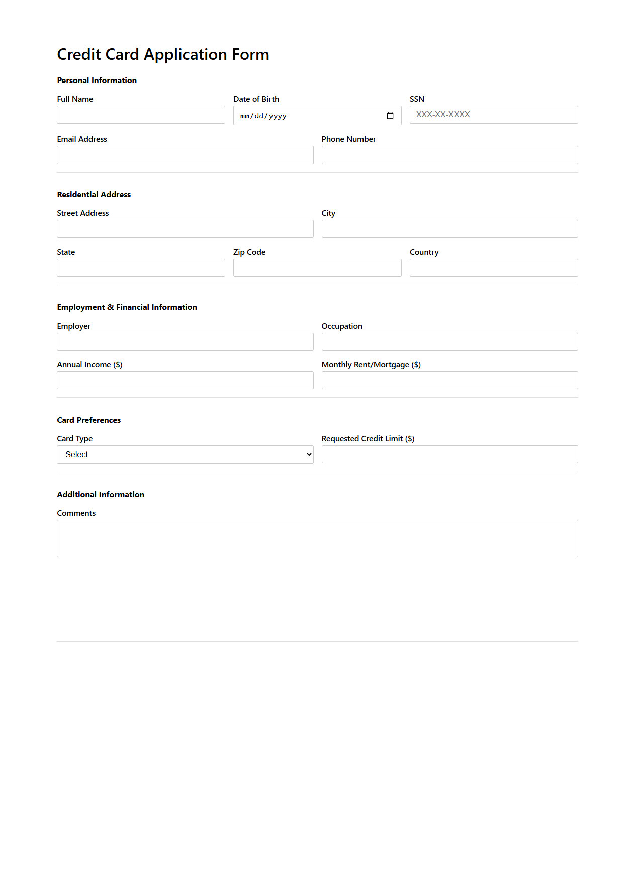 Standard Credit Card Application Form Template