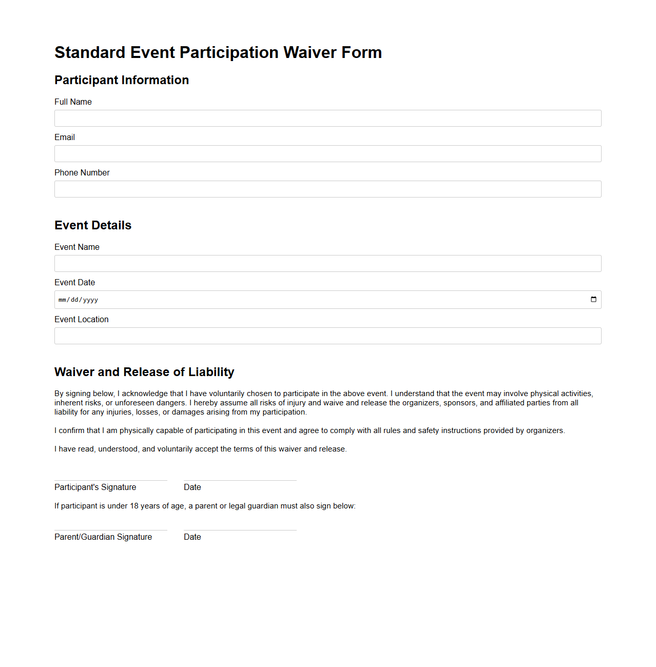 Standard Event Participation Waiver Form