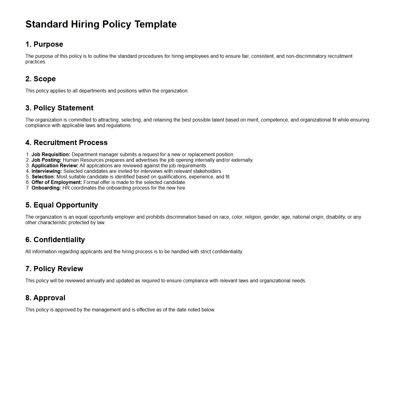 Standard Hiring Policy Template