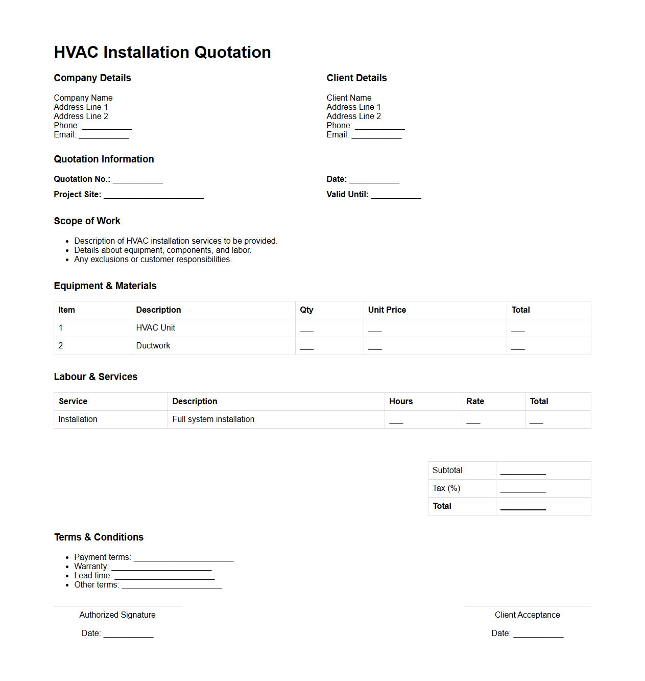 Standard HVAC Install Quotation Layout