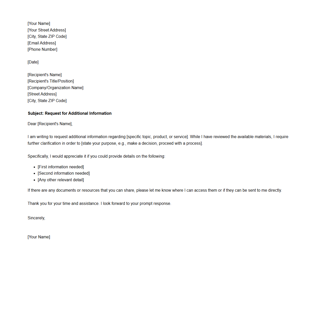 Standard Inquiry Letter Format for Additional Information