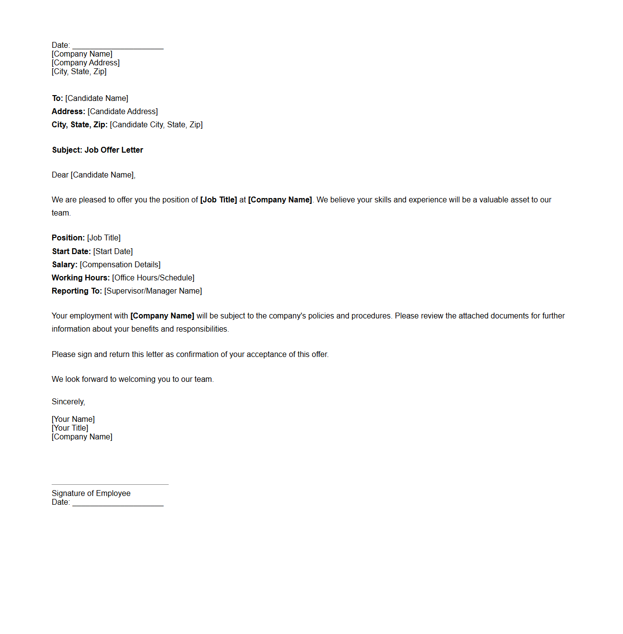 Standard Job Offer Letter Format