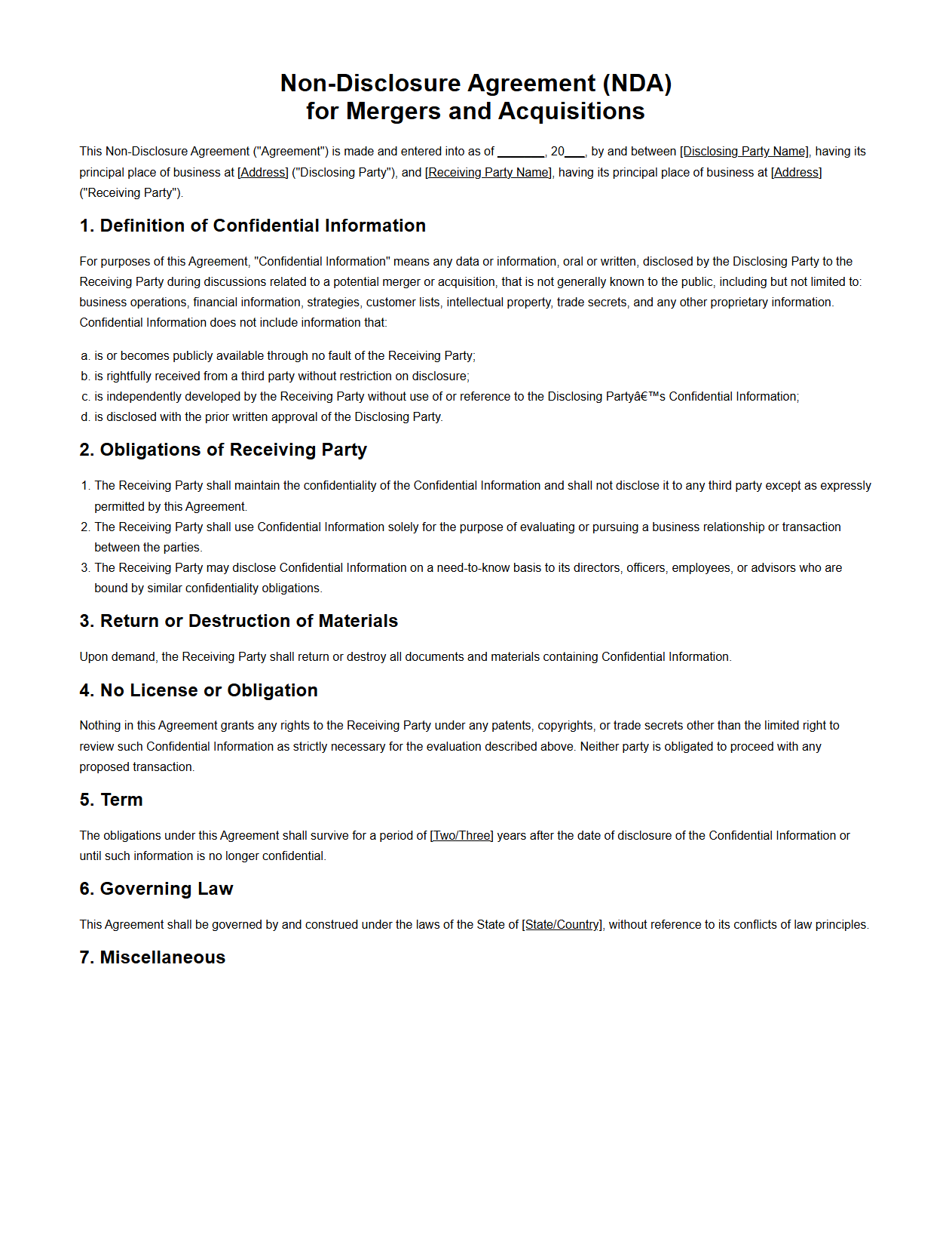 Standard NDA Format for Mergers and Acquisitions