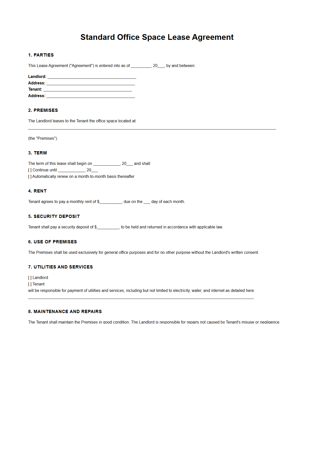 Standard Office Space Lease Template