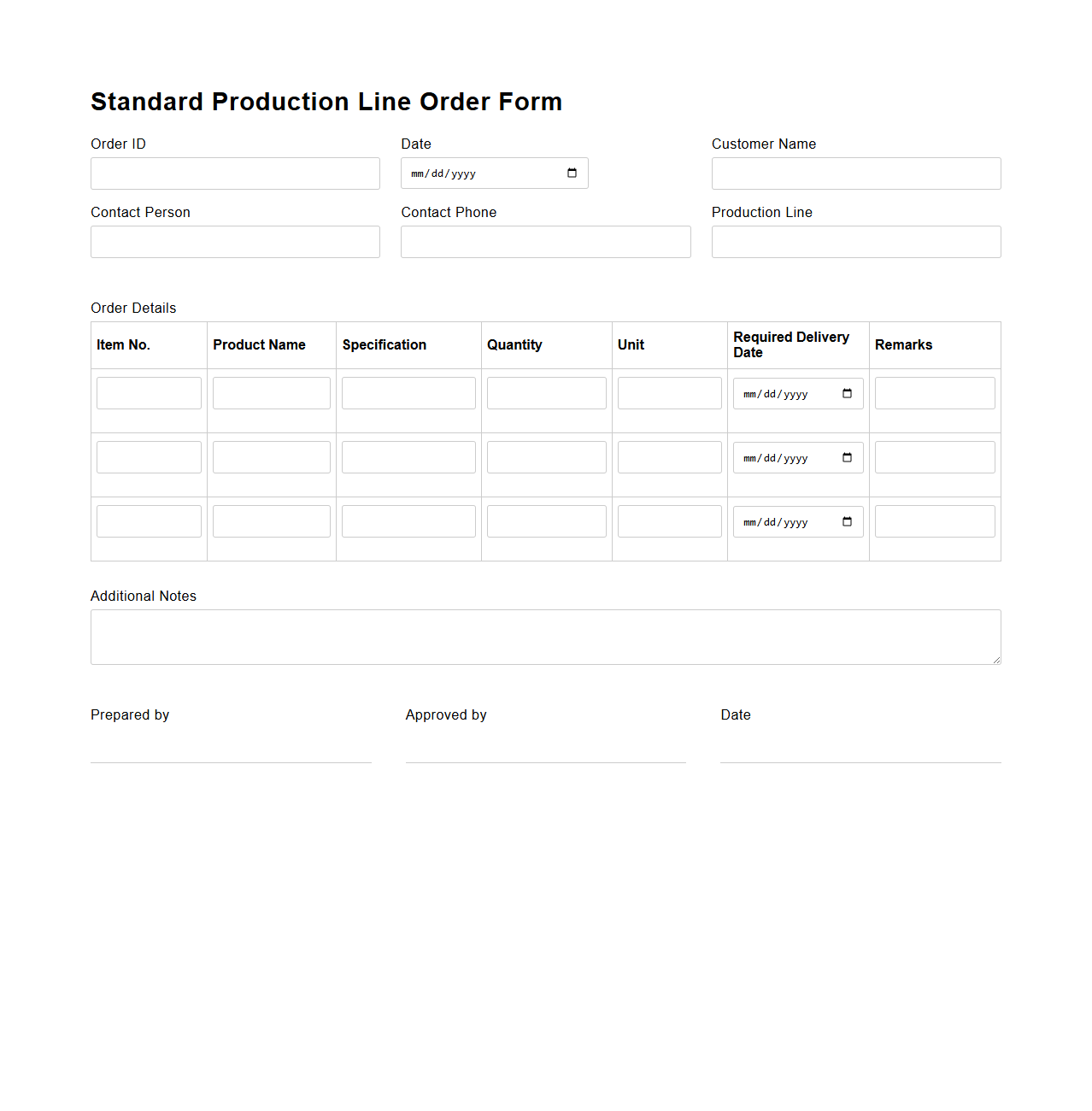 Standard Production Line Order Form
