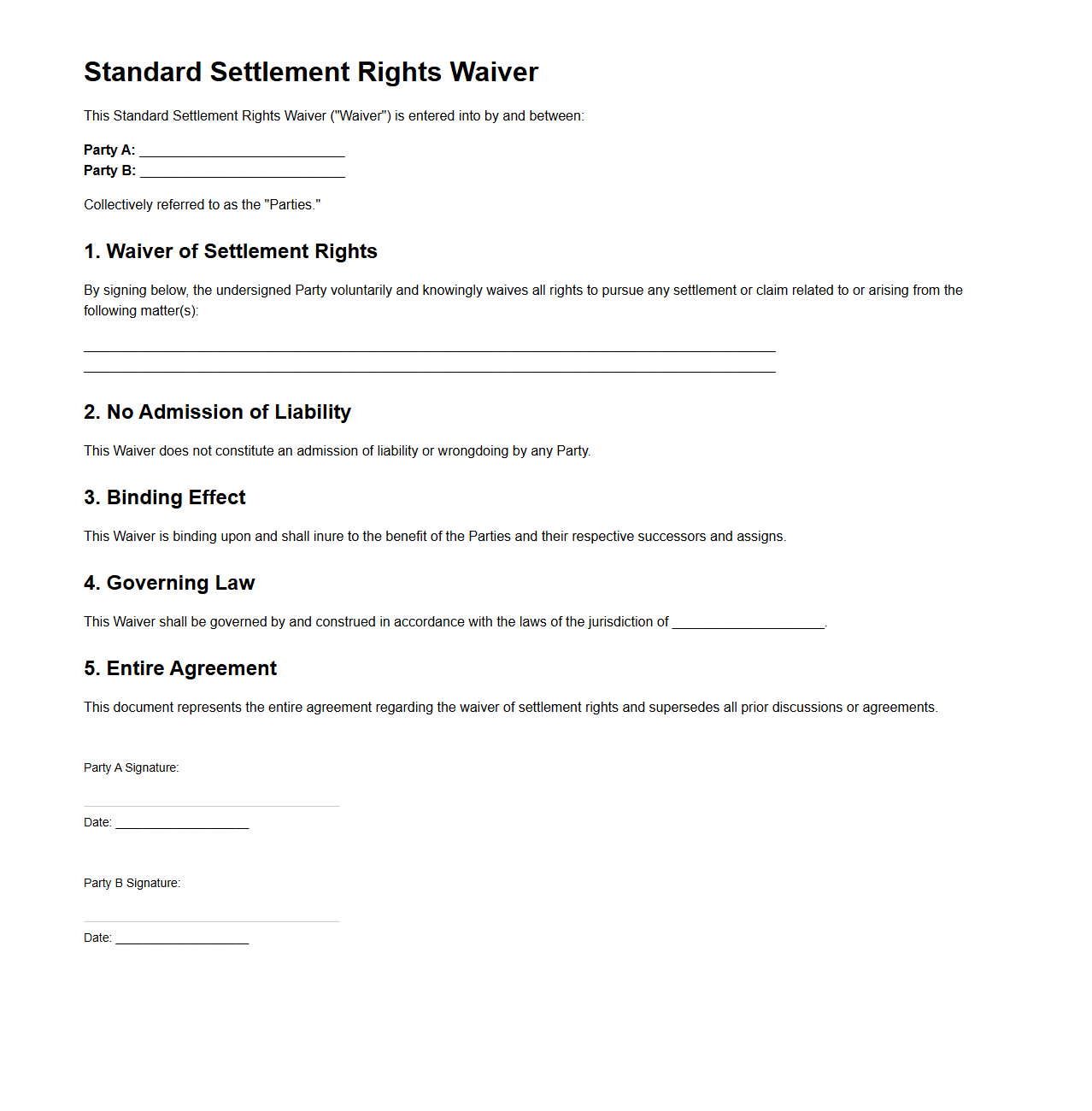 Standard Settlement Rights Waiver Template