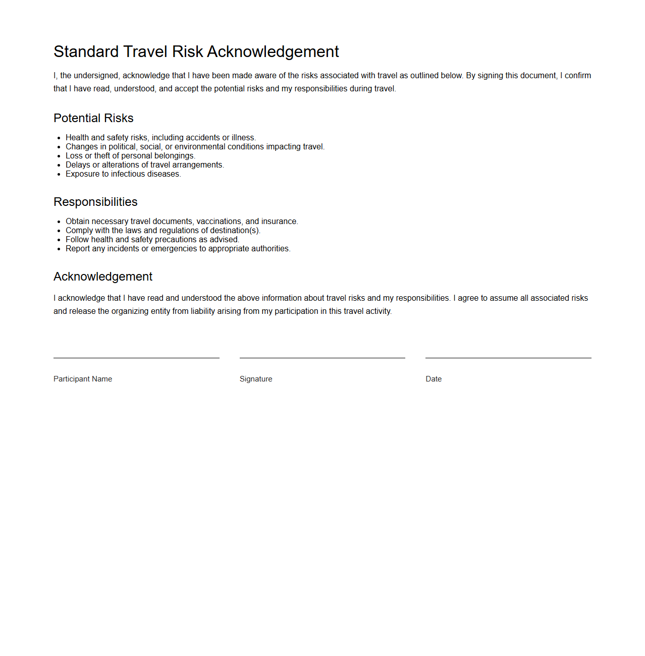 Standard Travel Risk Acknowledgement Template