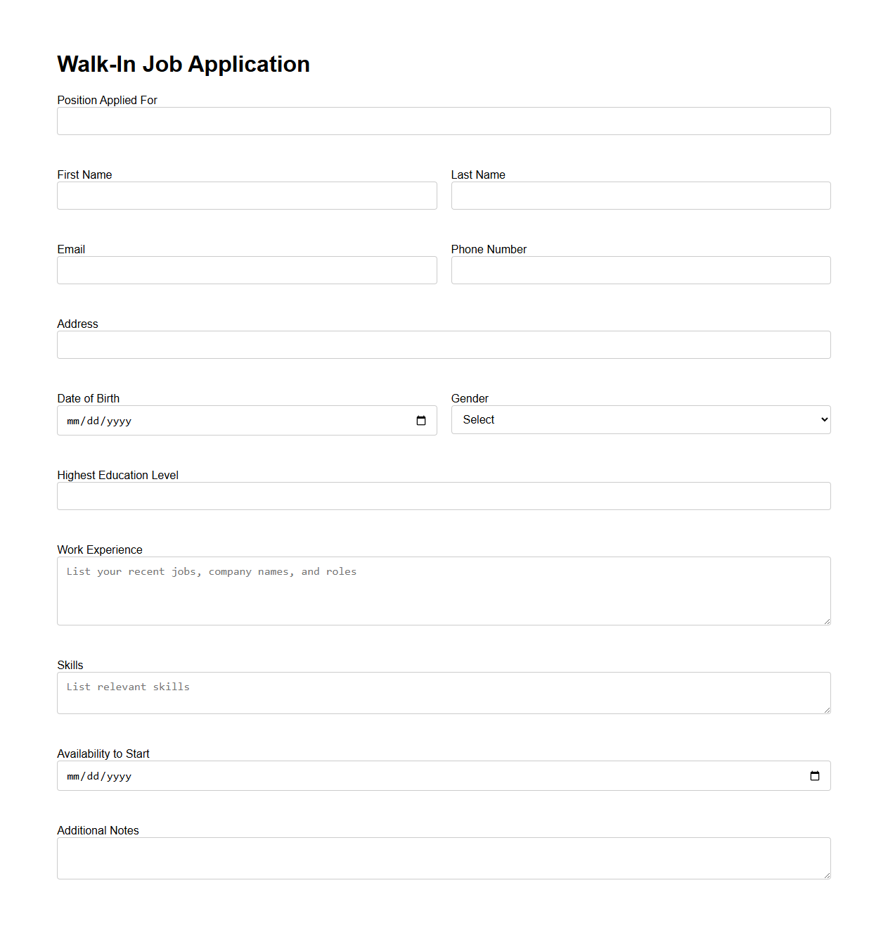 Standard Walk-In Job Application Page