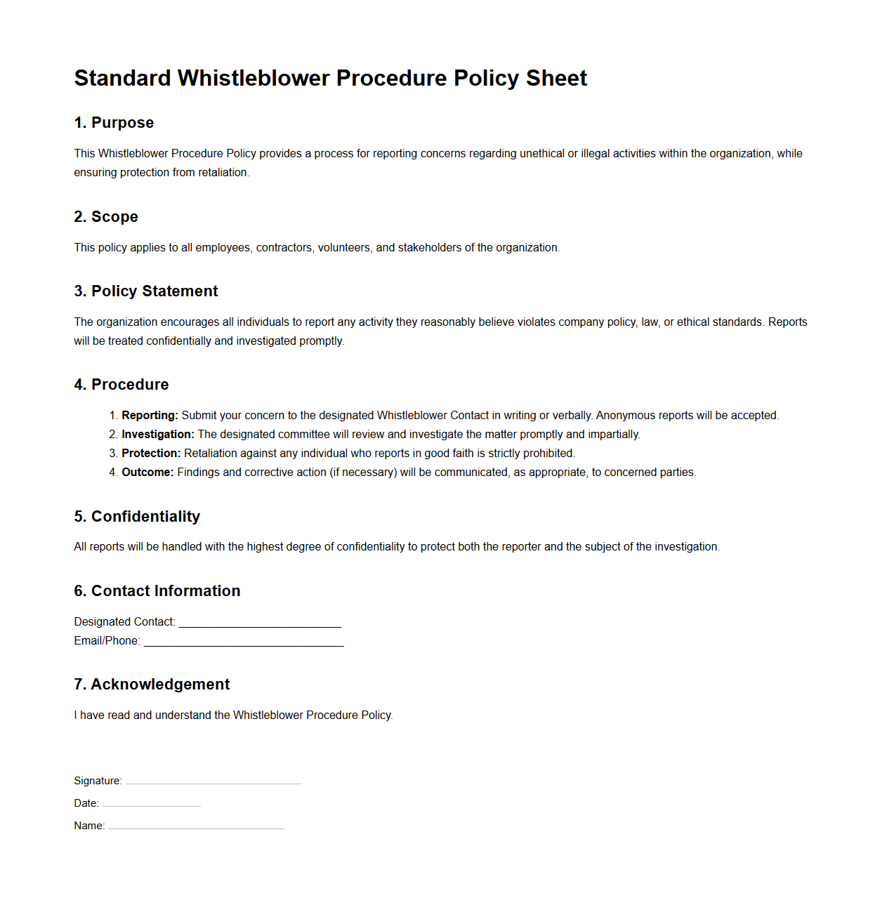 Standard Whistleblower Procedure Policy Sheet