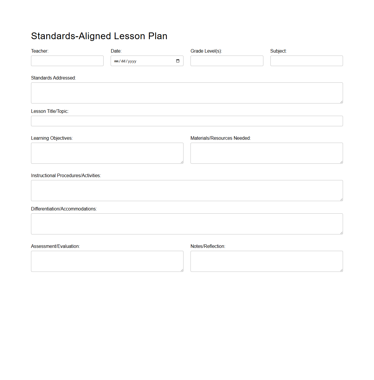 Standards-Aligned Blank Lesson Plan Form