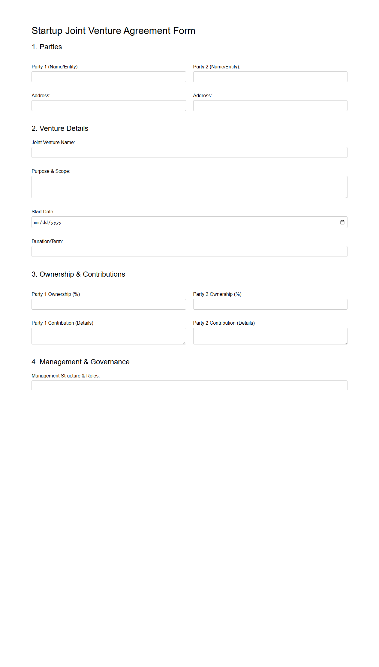 Startup Joint Venture Agreement Form
