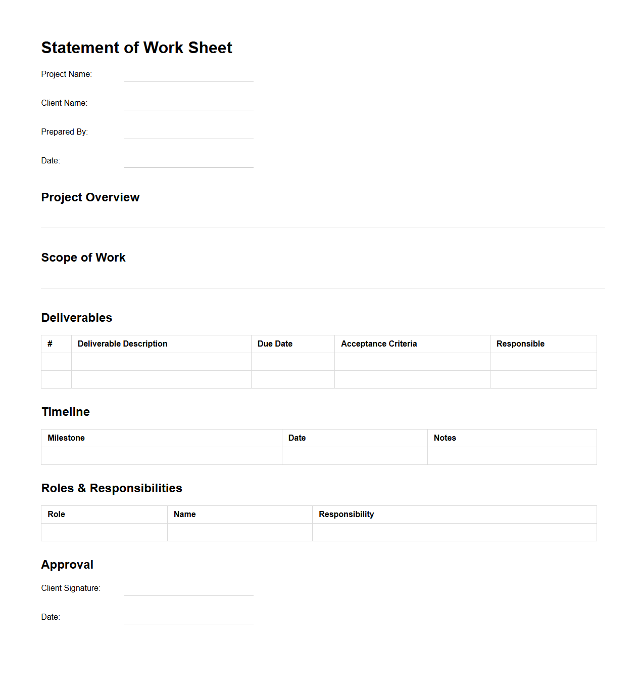 Statement of Work Sheet for Deliverables