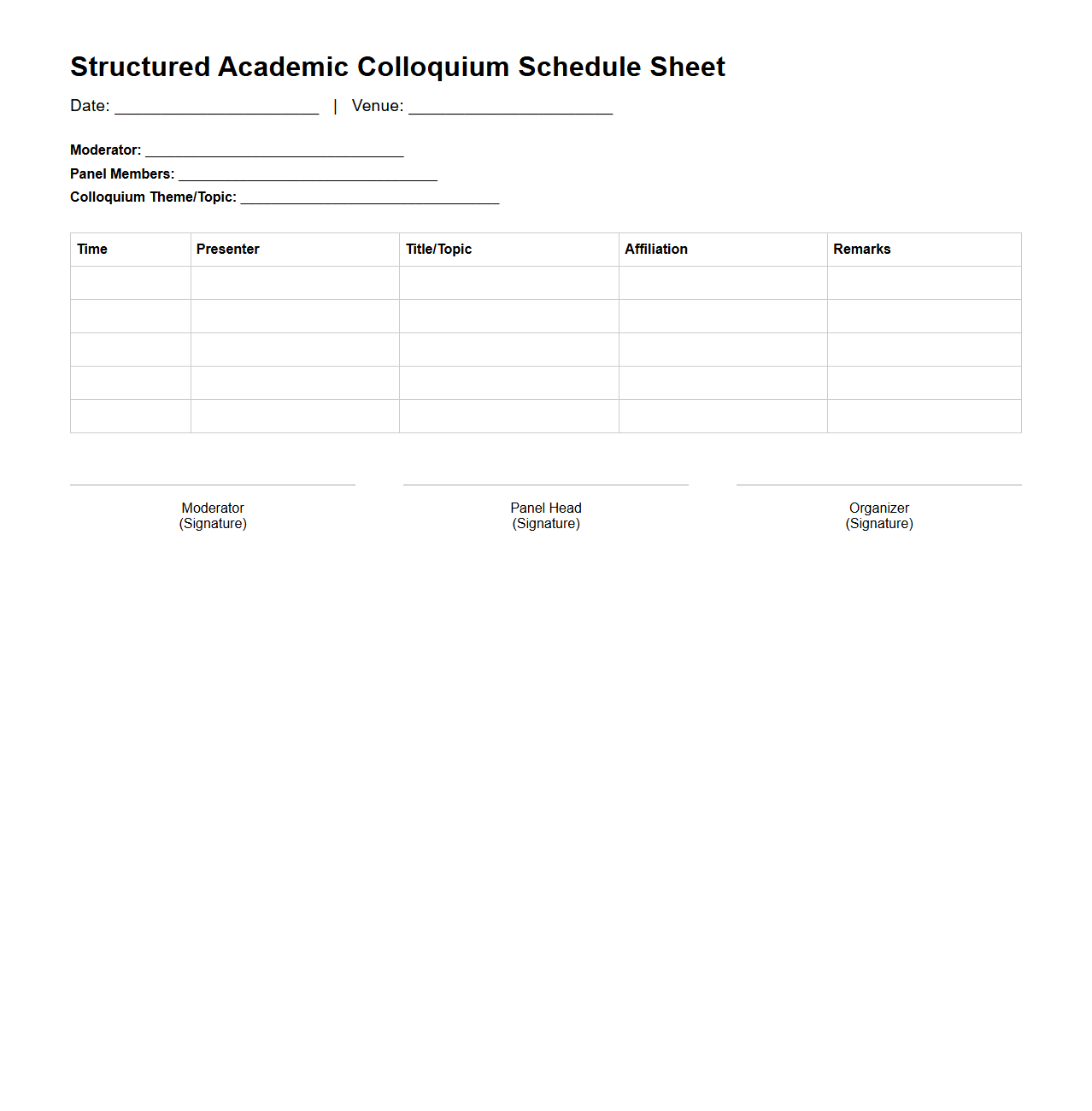 Structured Academic Colloquium Schedule Sheet