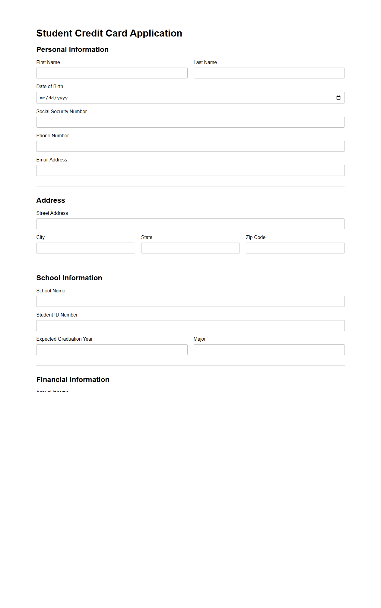 Student Blank Credit Card Application Template
